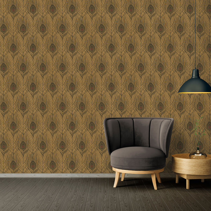 media image for Peacock Feather Motif Wallpaper in Brown/Metallic/Black from the Absolutely Chic Collection by Galerie Wallcoverings 258