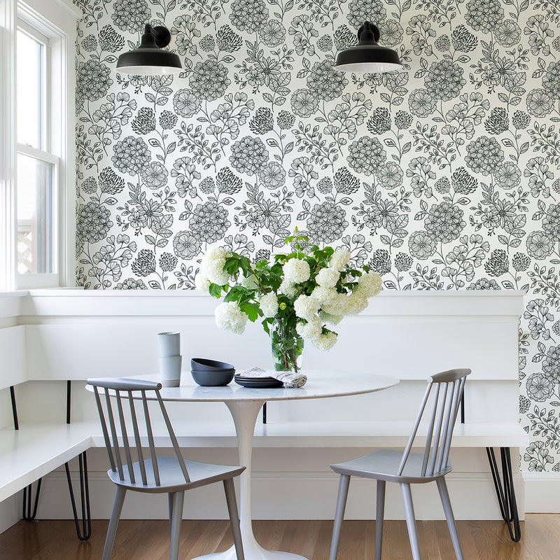 media image for Ada Black Floral Wallpaper from the Scott Living II Collection by Brewster Home Fashions 238