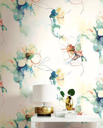 product image for Anemone Watercolor Floral Wallpaper in Turquoise and Persimmon from the Living With Art Collection by Seabrook Wallcoverings 32