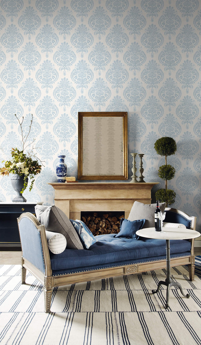 media image for Antigua Damask Wallpaper in Blue Frost and Bone White from the Luxe Retreat Collection by Seabrook Wallcoverings 212