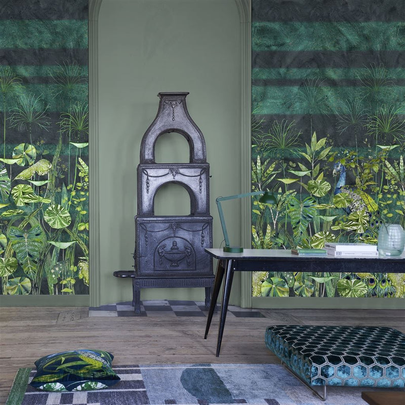 media image for Arjuna Leaf with Peacock Wall Mural in Viridian from the Zardozi Collection by Designers Guild 237