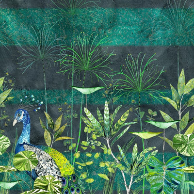 product image of Arjuna Leaf with Peacock Wall Mural in Viridian from the Zardozi Collection by Designers Guild 596