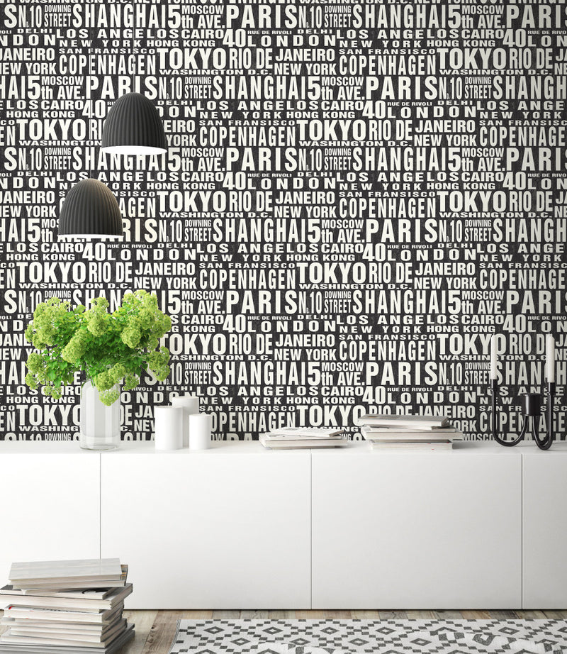media image for Around The World Peel-and-Stick Wallpaper in Black and White by NextWall 254