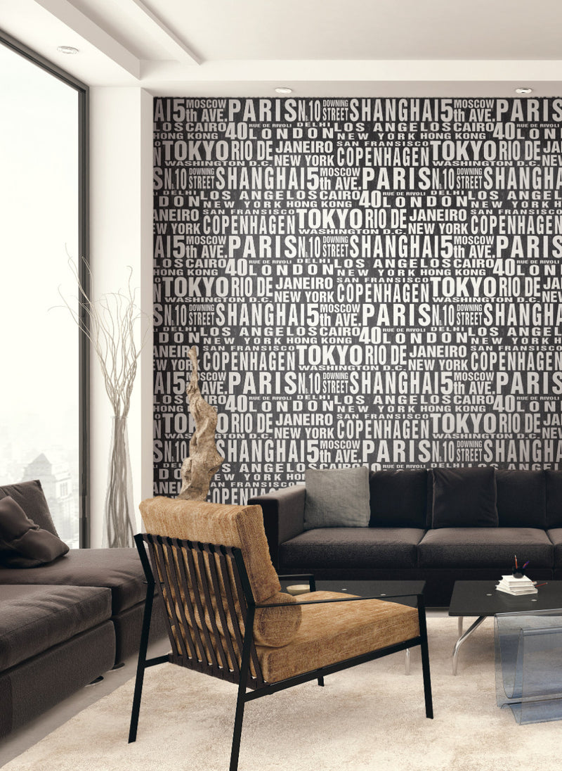 media image for Around The World Peel-and-Stick Wallpaper in Black and White by NextWall 231
