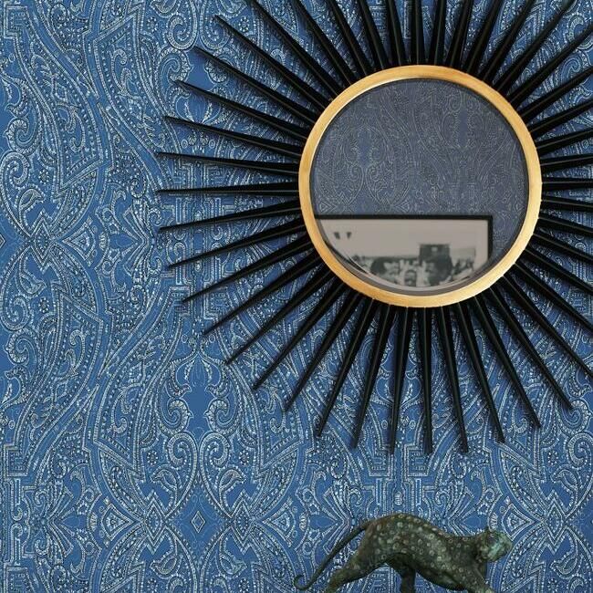 media image for Ascot Damask Wallpaper in Blue from the Traveler Collection by Ronald Redding 215