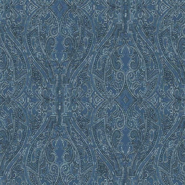media image for Ascot Damask Wallpaper in Blue from the Traveler Collection by Ronald Redding 225