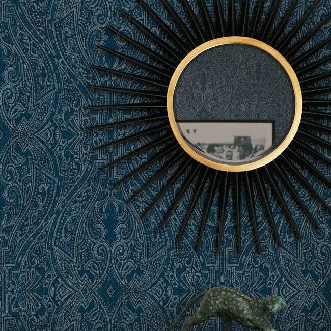 media image for Ascot Damask Wallpaper in Dark Blue from the Traveler Collection by Ronald Redding 266