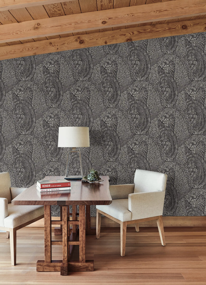 media image for Kashmir Dreams Paisley Wallpaper in Black from the Bohemian Luxe Collection by Antonina Vella 231