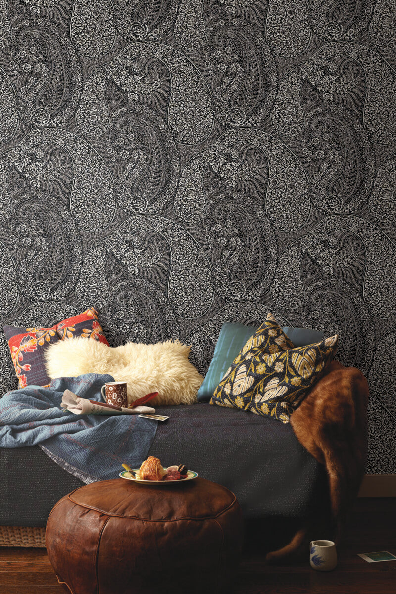 media image for Kashmir Dreams Paisley Wallpaper in Black from the Bohemian Luxe Collection by Antonina Vella 278
