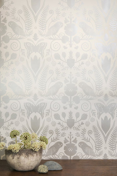 product image for Barn Owls and Hollyhocks Wallpaper in Diamonds and Pearls on Cream by Carson Ellis for Thatcher Studio 2