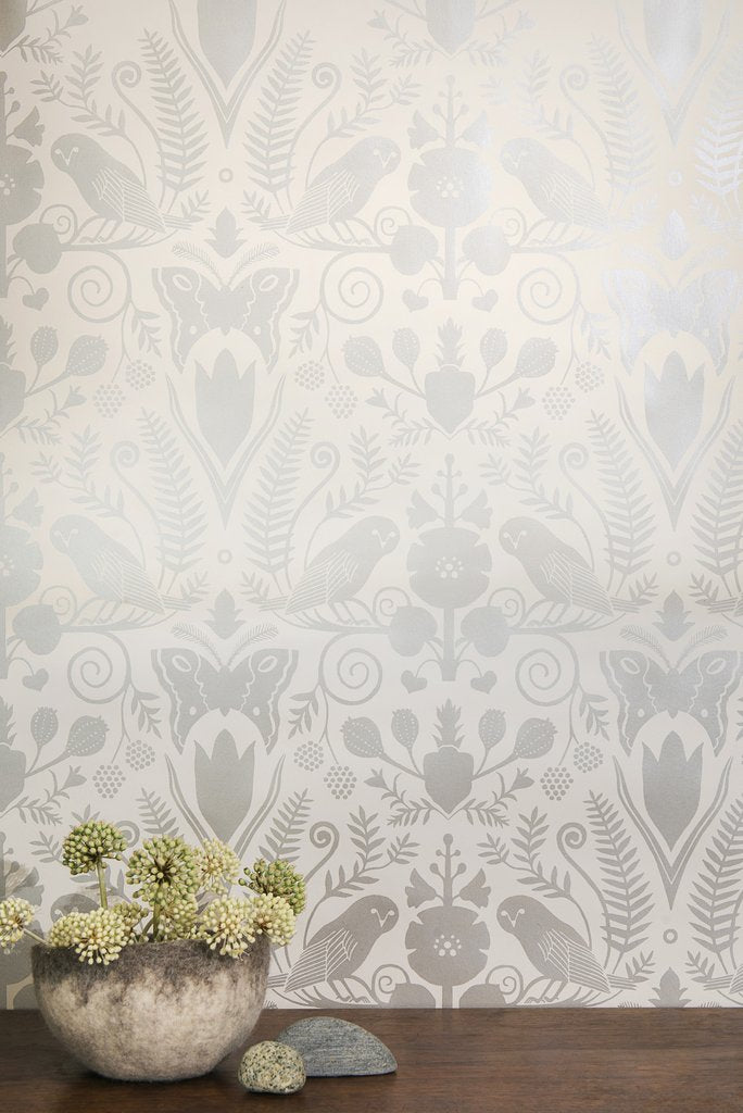 media image for Barn Owls and Hollyhocks Wallpaper in Diamonds and Pearls on Cream by Carson Ellis for Thatcher Studio 235