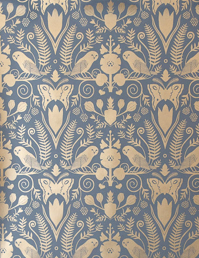 product image of Barn Owls and Hollyhocks Wallpaper in Gold on Charcoal by Carson Ellis for Thatcher Studio 585