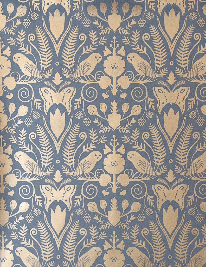 media image for Barn Owls and Hollyhocks Wallpaper in Gold on Charcoal by Carson Ellis for Thatcher Studio 234