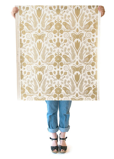 product image for Barn Owls and Hollyhocks Wallpaper in Gold on Cream by Carson Ellis for Thatcher Studio 50