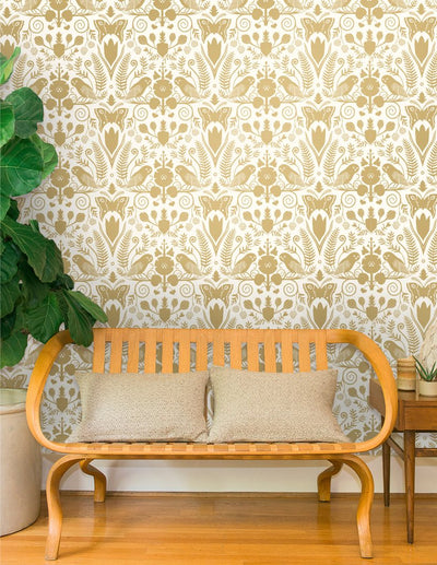 product image for Barn Owls and Hollyhocks Wallpaper in Gold on Cream by Carson Ellis for Thatcher Studio 51