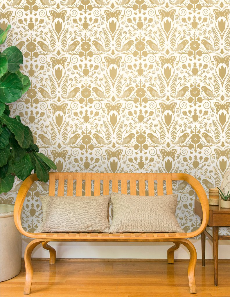 media image for Barn Owls and Hollyhocks Wallpaper in Gold on Cream by Carson Ellis for Thatcher Studio 271
