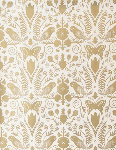 product image of Barn Owls and Hollyhocks Wallpaper in Gold on Cream by Carson Ellis for Thatcher Studio 533