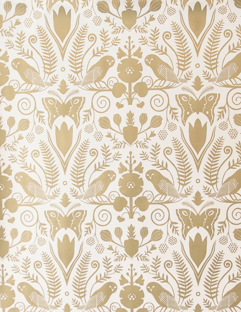 media image for Barn Owls and Hollyhocks Wallpaper in Gold on Cream by Carson Ellis for Thatcher Studio 215