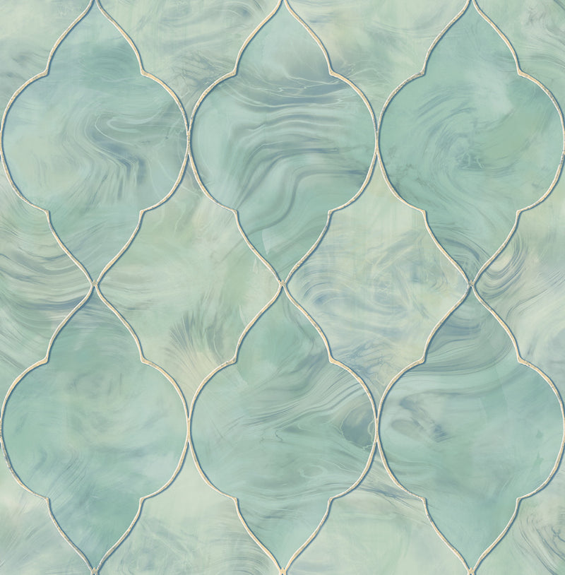 media image for Baroque Glass Wallpaper in Blue, Gold, and Cream from the Aerial Collection by Mayflower Wallpaper 240