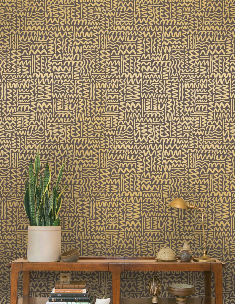 media image for Big Moon Wallpaper in Gold on Charcoal by Thatcher Studio 25
