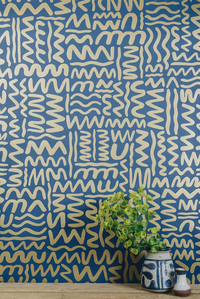 product image for Big Moon Wallpaper in Gold on Navy by Thatcher Studio 40