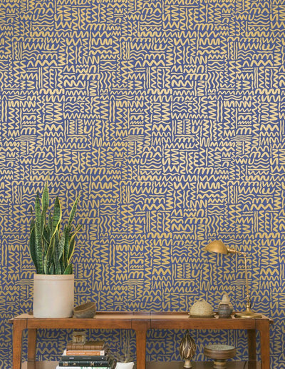 product image for Big Moon Wallpaper in Gold on Navy by Thatcher Studio 69