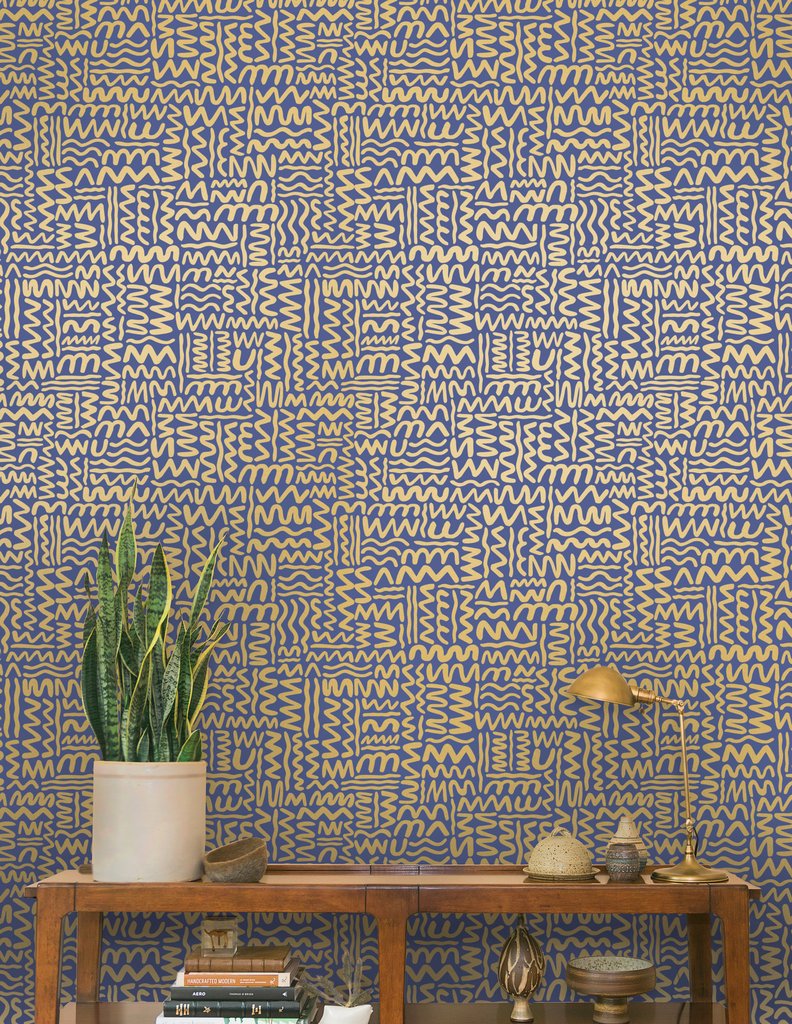 media image for Big Moon Wallpaper in Gold on Navy by Thatcher Studio 267