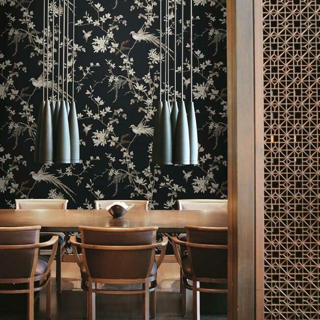media image for Bird And Blossom Chinoserie Wallpaper in Black from the Ronald Redding 24 Karat Collection by York Wallcoverings 243