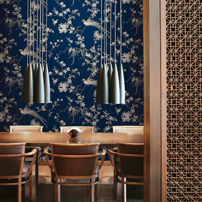 media image for Bird And Blossom Chinoserie Wallpaper in Blue from the Ronald Redding 24 Karat Collection by York Wallcoverings 253