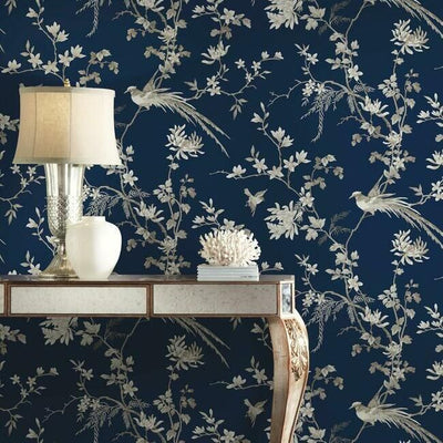 product image for Bird And Blossom Chinoserie Wallpaper in Blue from the Ronald Redding 24 Karat Collection by York Wallcoverings 10