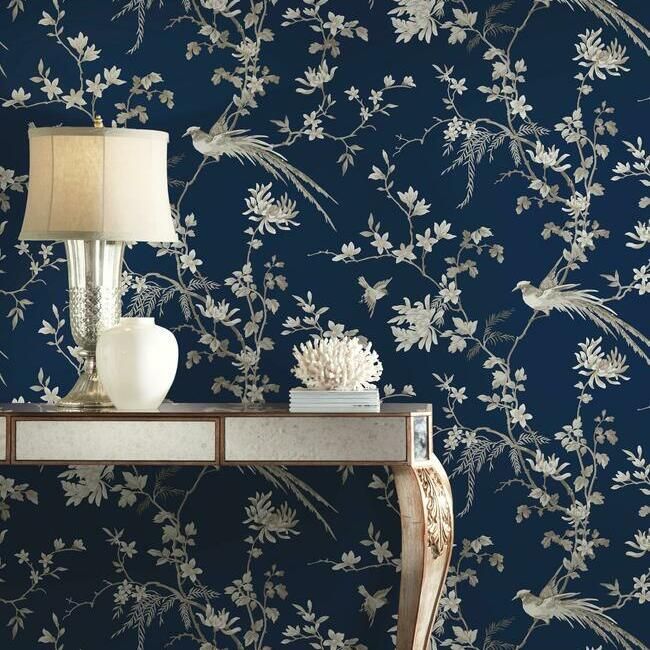 media image for Bird And Blossom Chinoserie Wallpaper in Blue from the Ronald Redding 24 Karat Collection by York Wallcoverings 213