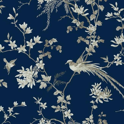 product image of Bird And Blossom Chinoserie Wallpaper in Blue from the Ronald Redding 24 Karat Collection by York Wallcoverings 59