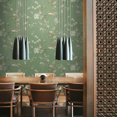 product image for Bird And Blossom Chinoserie Wallpaper in Green from the Ronald Redding 24 Karat Collection by York Wallcoverings 26