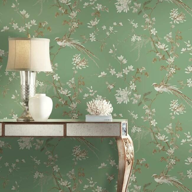 media image for Bird And Blossom Chinoserie Wallpaper in Green from the Ronald Redding 24 Karat Collection by York Wallcoverings 285