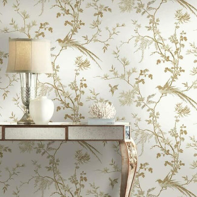product image of Bird And Blossom Chinoserie Wallpaper in White and Gold from the Ronald Redding 24 Karat Collection by York Wallcoverings 575