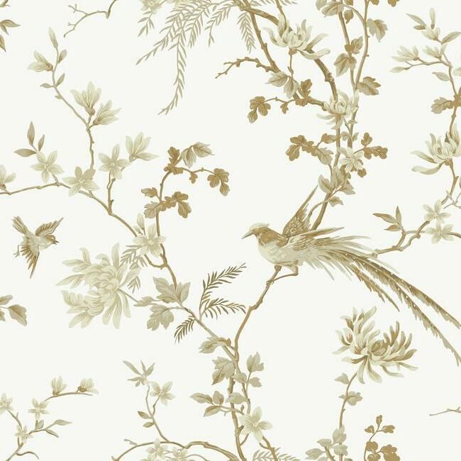 media image for Bird And Blossom Chinoserie Wallpaper in White and Gold from the Ronald Redding 24 Karat Collection by York Wallcoverings 279