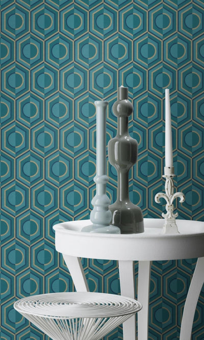 product image for 3D Retro Geometric Blue & Gold Wallpaper by Walls Republic 71