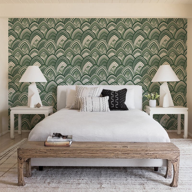 media image for Cabarita Art Deco Flocked Leaves Wallpaper in Green from the Pacifica Collection by Brewster Home Fashions 211