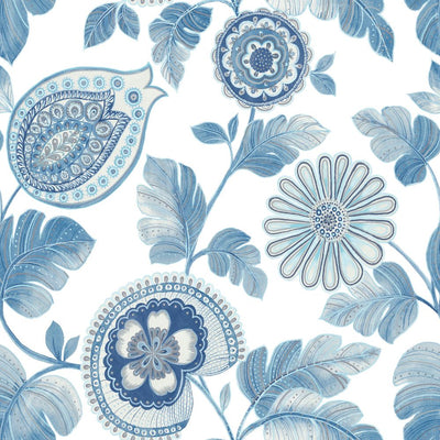 product image of Calypso Paisley Leaf Wallpaper in Blue Oasis and Ivory from the Boho Rhapsody Collection by Seabrook Wallcoverings 562