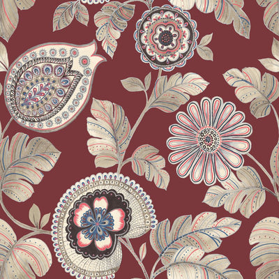 product image of Calypso Paisley Leaf Wallpaper in Cabernet and Coral from the Boho Rhapsody Collection by Seabrook Wallcoverings 543