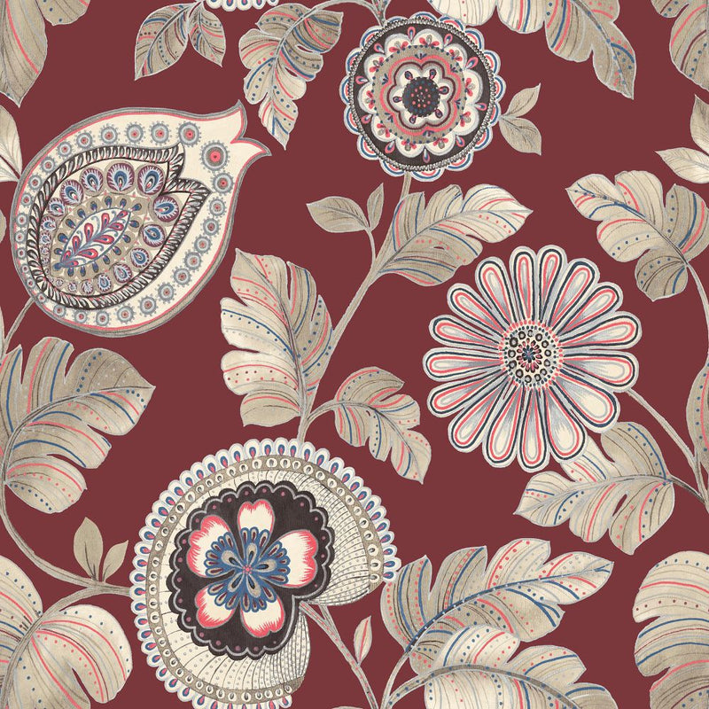 media image for Calypso Paisley Leaf Wallpaper in Cabernet and Coral from the Boho Rhapsody Collection by Seabrook Wallcoverings 284