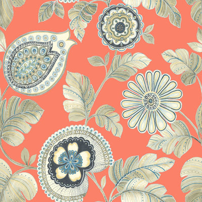product image of Calypso Paisley Leaf Wallpaper in Coral and Aloe from the Boho Rhapsody Collection by Seabrook Wallcoverings 566