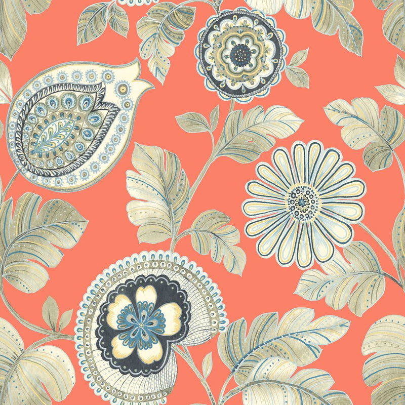 media image for Calypso Paisley Leaf Wallpaper in Coral and Aloe from the Boho Rhapsody Collection by Seabrook Wallcoverings 274