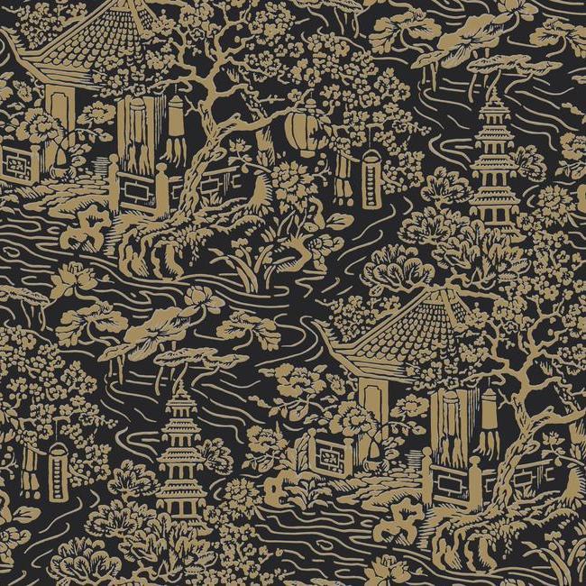 media image for Chinoiserie Wallpaper in Black and Gold from the Tea Garden Collection by Ronald Redding for York Wallcoverings 26
