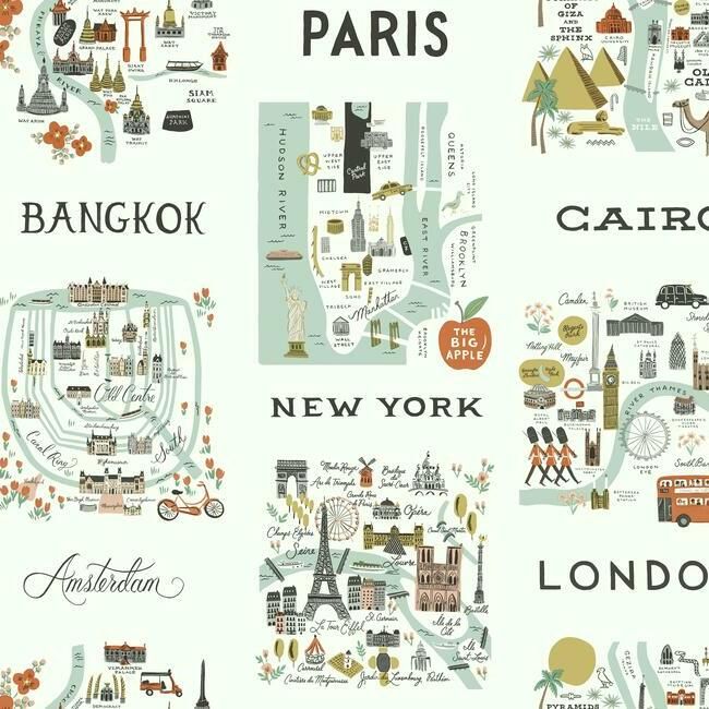 media image for City Maps Wallpaper in Mint from the Rifle Paper Co. Collection by York Wallcoverings 215