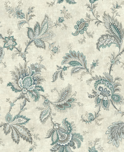 product image for Classical Jacobean Wallpaper in Green and Silver from the Caspia Collection by Wallquest 75