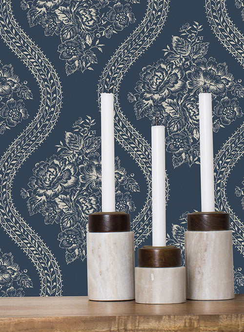 media image for Coverlet Floral Wallpaper in Blue from the Magnolia Home Collection by Joanna Gaines for York Wallcoverings 221