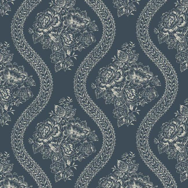 media image for Coverlet Floral Wallpaper in Blue from the Magnolia Home Collection by Joanna Gaines for York Wallcoverings 228