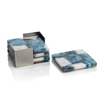 product image for Crete Agate Coaster Set on Metal Tray in Blue and White by Panorama City 5