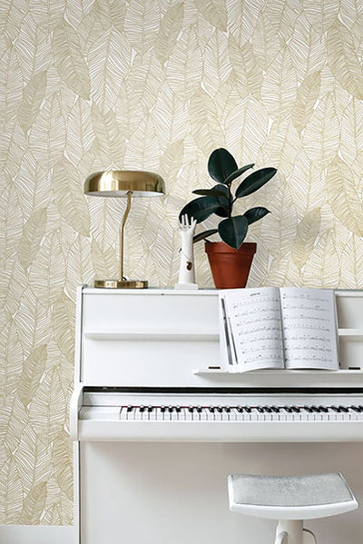 product image for Canales White Gold Inked Leaves Wallpaper from Design Department by Brewster 47